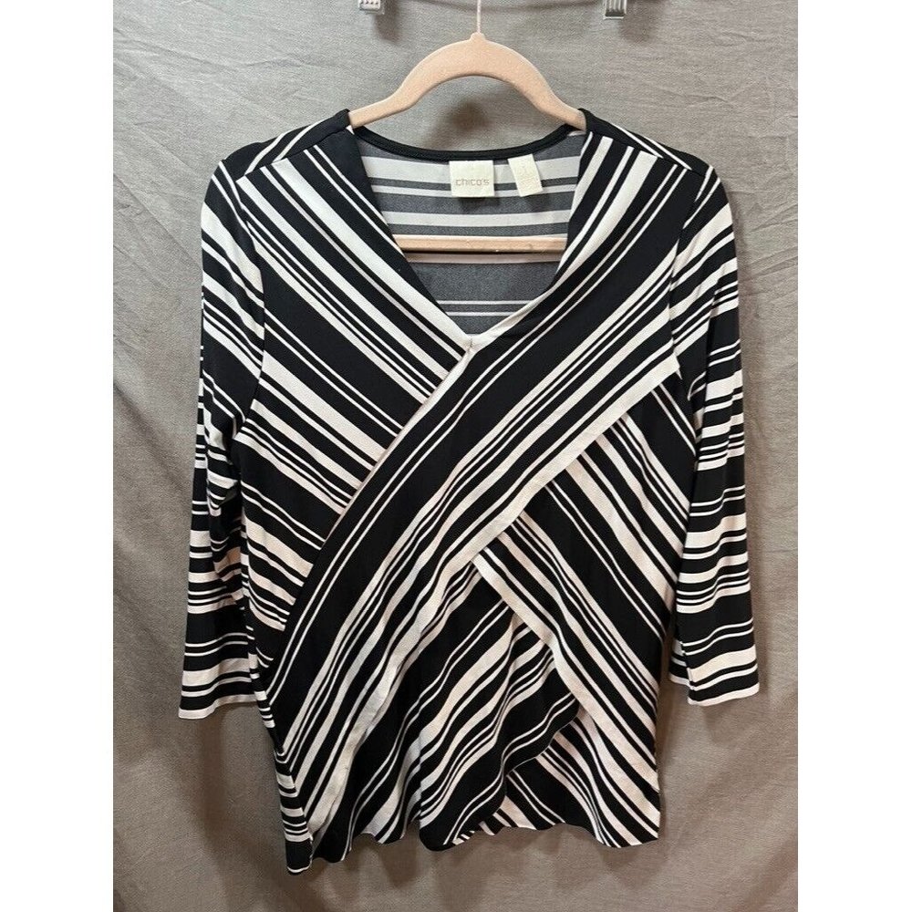Chico´s Shirt Women 1 Black White Striped Pullover Long Sleeve Blouse Ladies.